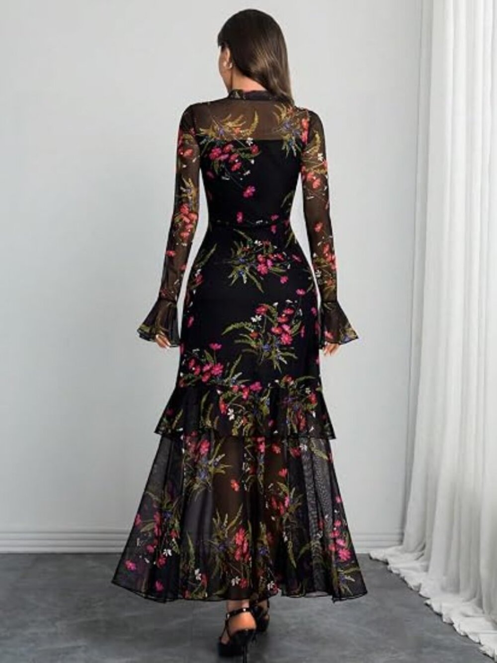 Women Floral Maxi Dress Bell Sleeve Party Wedding Guest Dresses - Picture 2 of 4